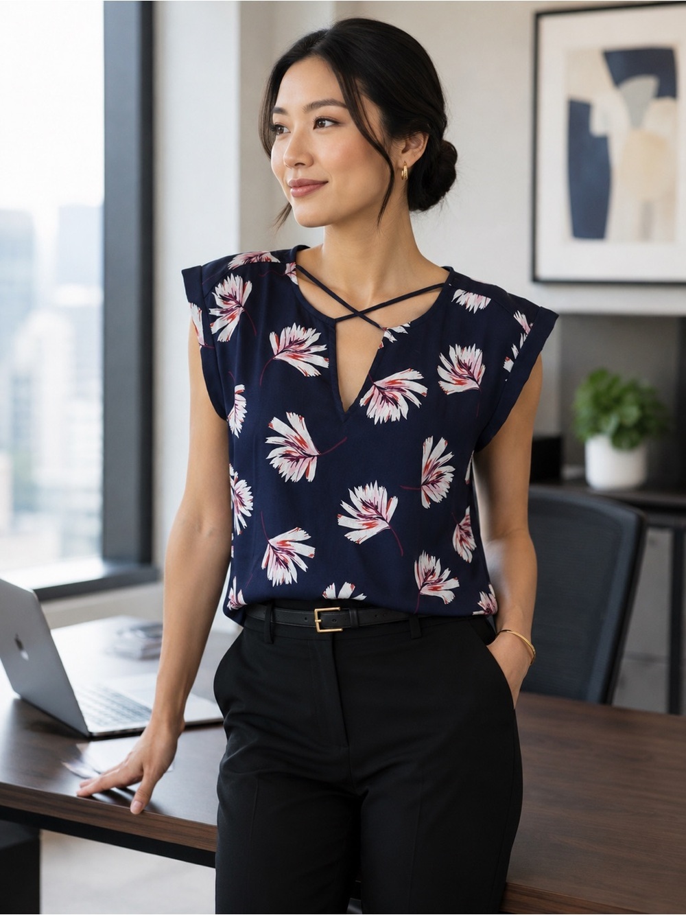 EXPRESS Gramercy Navy Floral Crisscross Neck Blouse, Size S, EUC